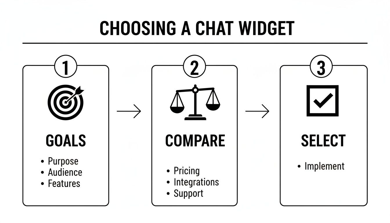 A three-step infographic outlining how to choose a chat widget: Goals, Compare, and Select.