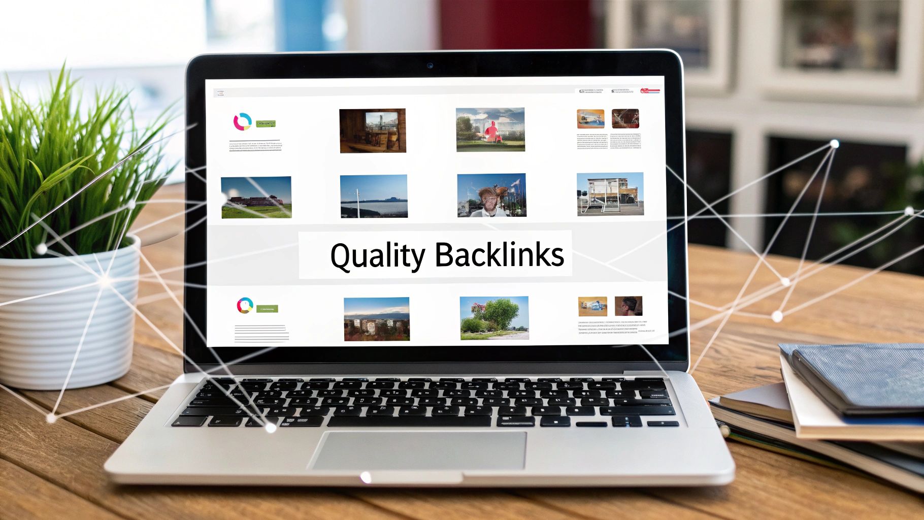 Laptop on a wooden desk displaying a webpage with the text 'Quality Backlinks', surrounded by a plant and books, with network lines.