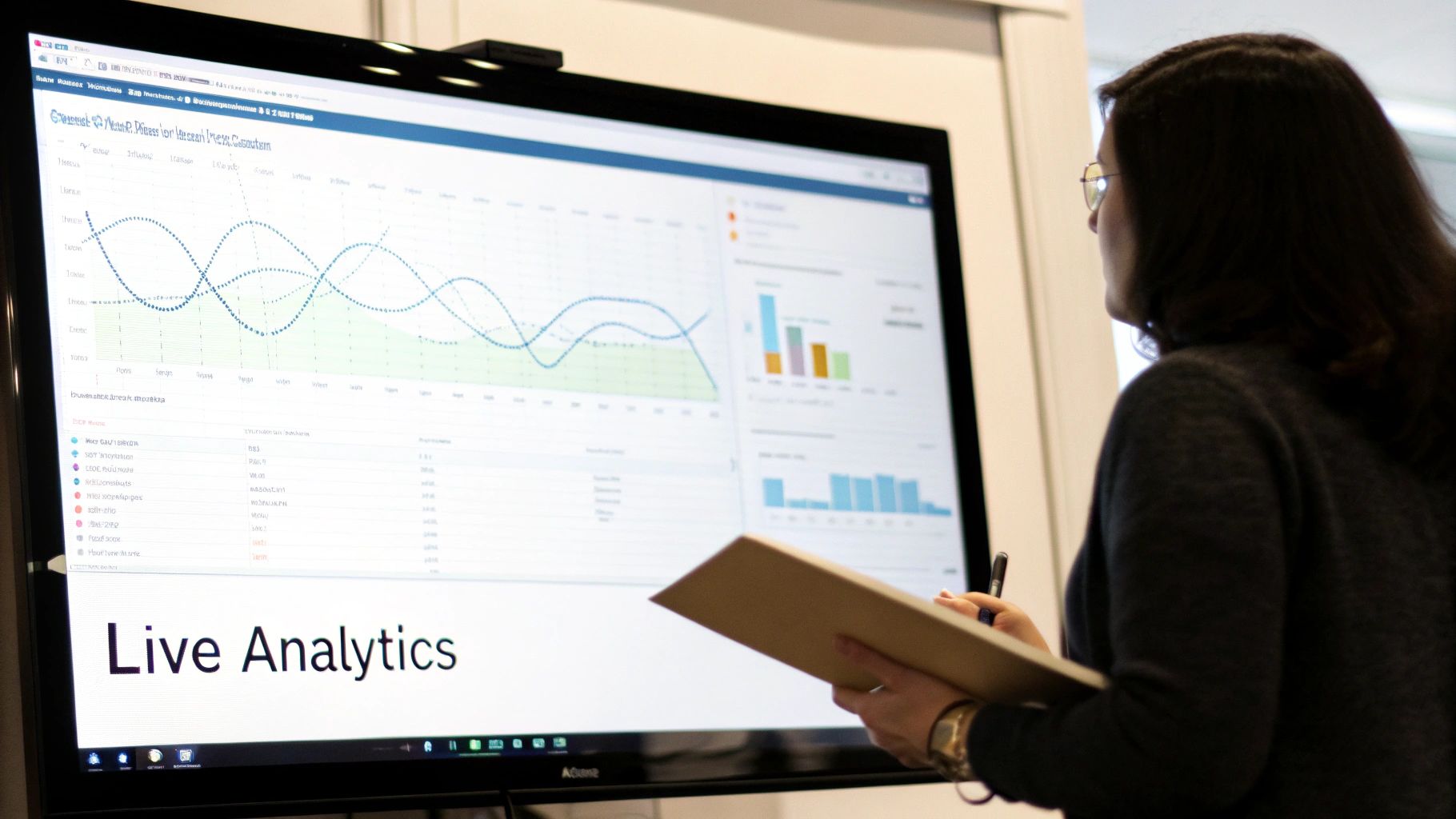 A woman reviews a live analytics dashboard on a large monitor, displaying charts and data.