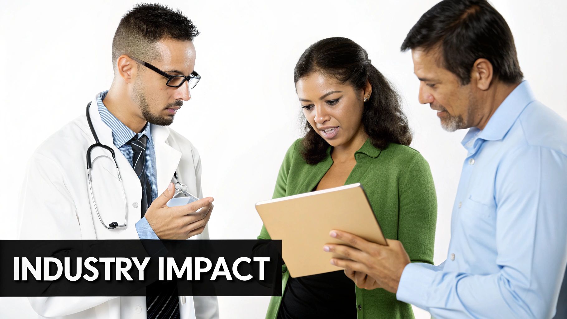 Three professionals, including a doctor, discussing content on a tablet, symbolizing industry impact.