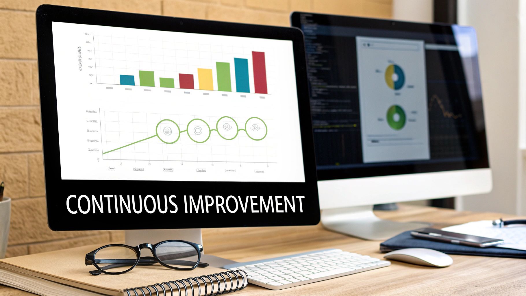 A computer monitor displays 'CONTINUOUS IMPROVEMENT' with charts, beside another monitor and office supplies.