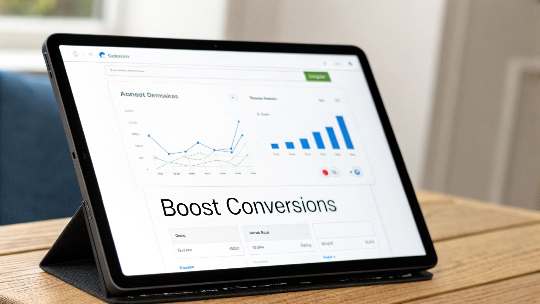 A tablet displaying a business analytics dashboard with graphs, charts, and 'Boost Conversions' text.