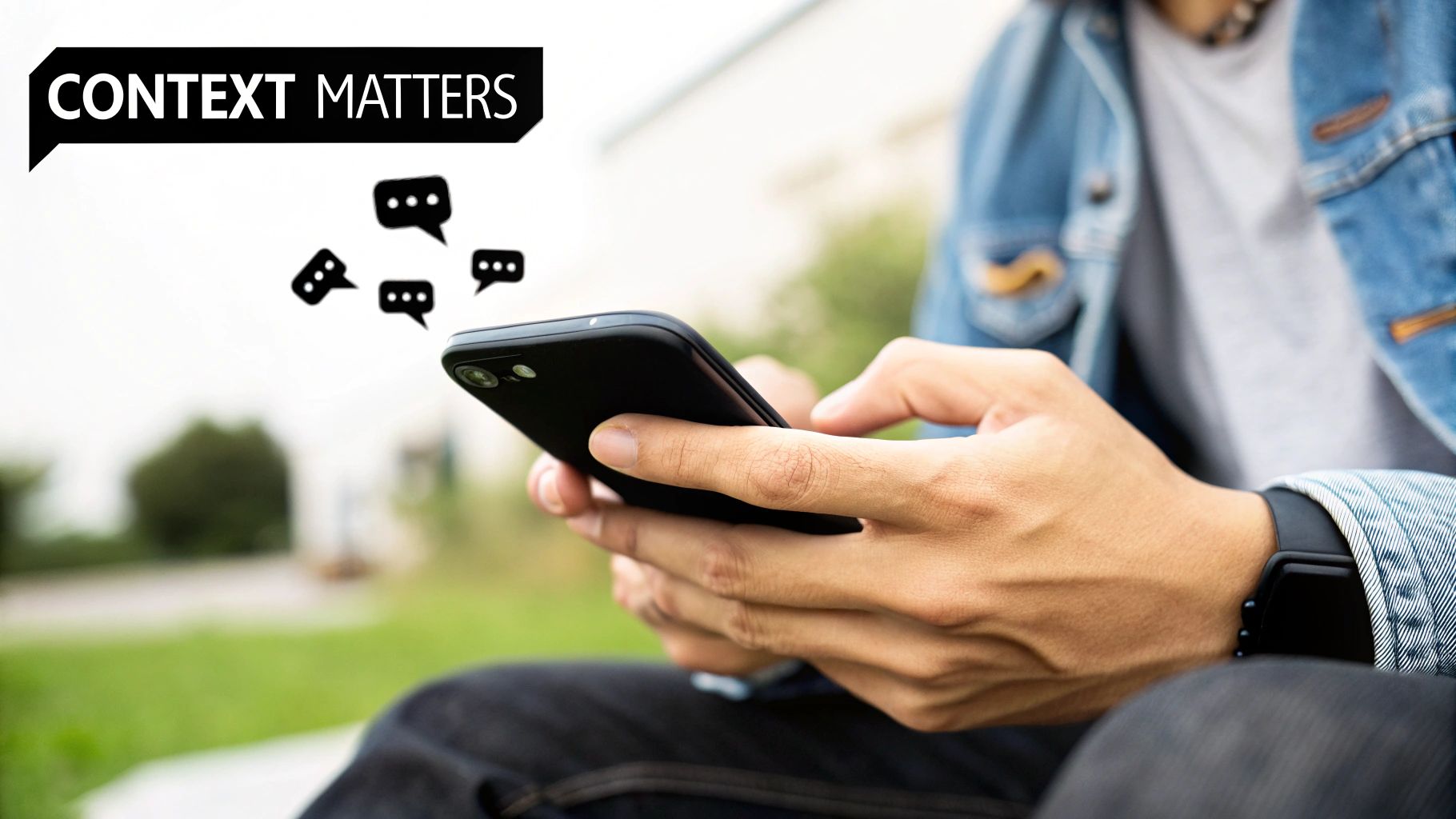 Hands holding a black smartphone with chat bubbles and a 'CONTEXT MATTERS' banner.