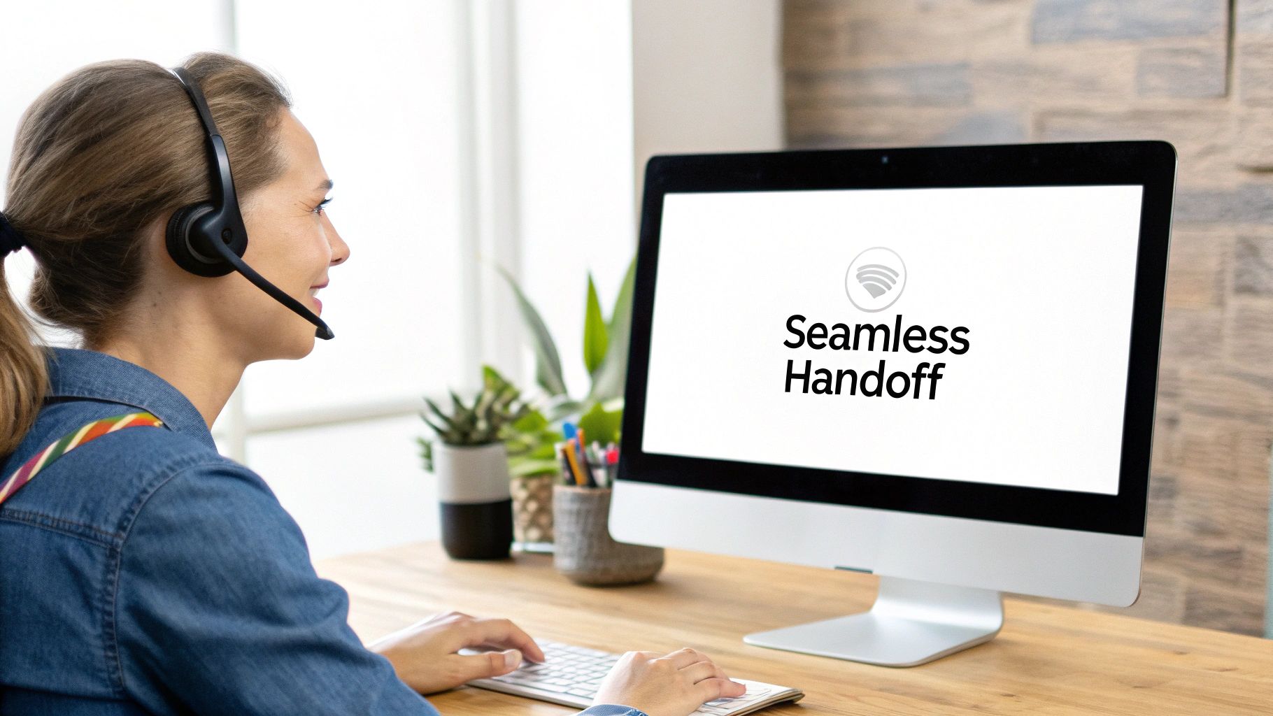 A smiling woman wearing a headset types on a keyboard, looking at a computer screen displaying 'Seamless Handoff'.