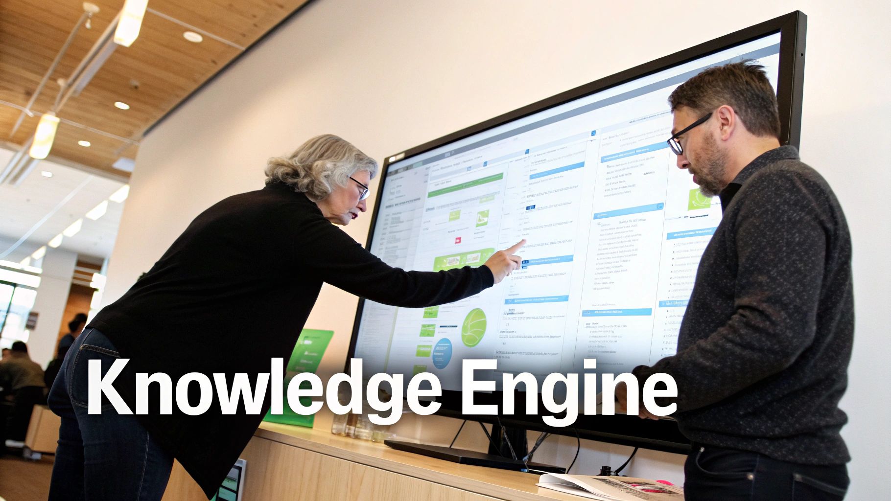 An older woman points at a large interactive digital screen with data, while a man observes.