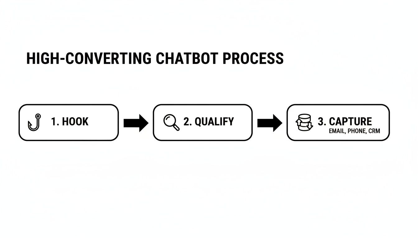 Flowchart showing a high-converting chatbot process with three steps: hook, qualify, and capture leads.