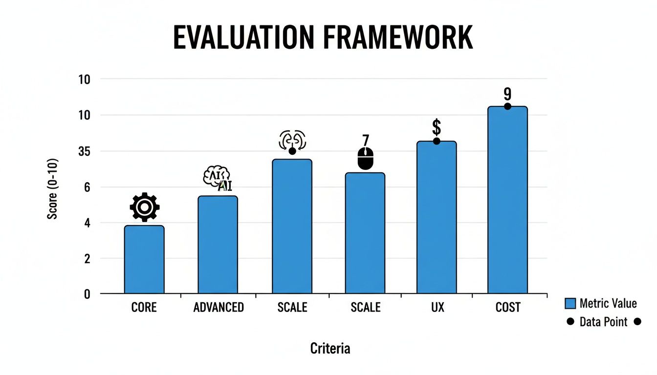 Bar chart displaying an evaluation framework with scores for criteria like Core, Advanced, Scale, UX, and Cost.