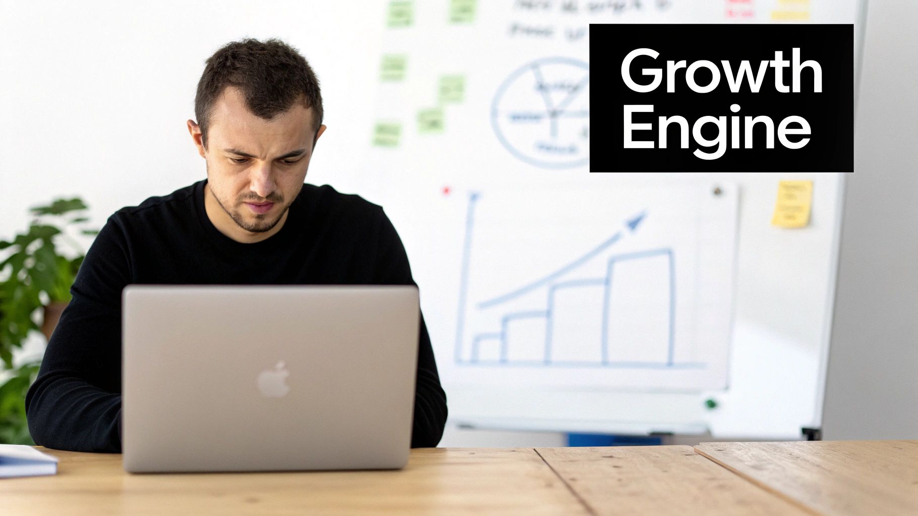 A man focused on his laptop in an office, with a whiteboard showing 'Growth Engine' and growth charts in the background.