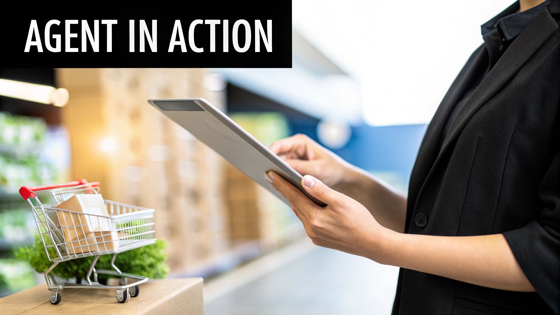 A person in a black blazer uses a tablet near a miniature shopping cart with packages, showcasing 'AGENT IN ACTION'.
