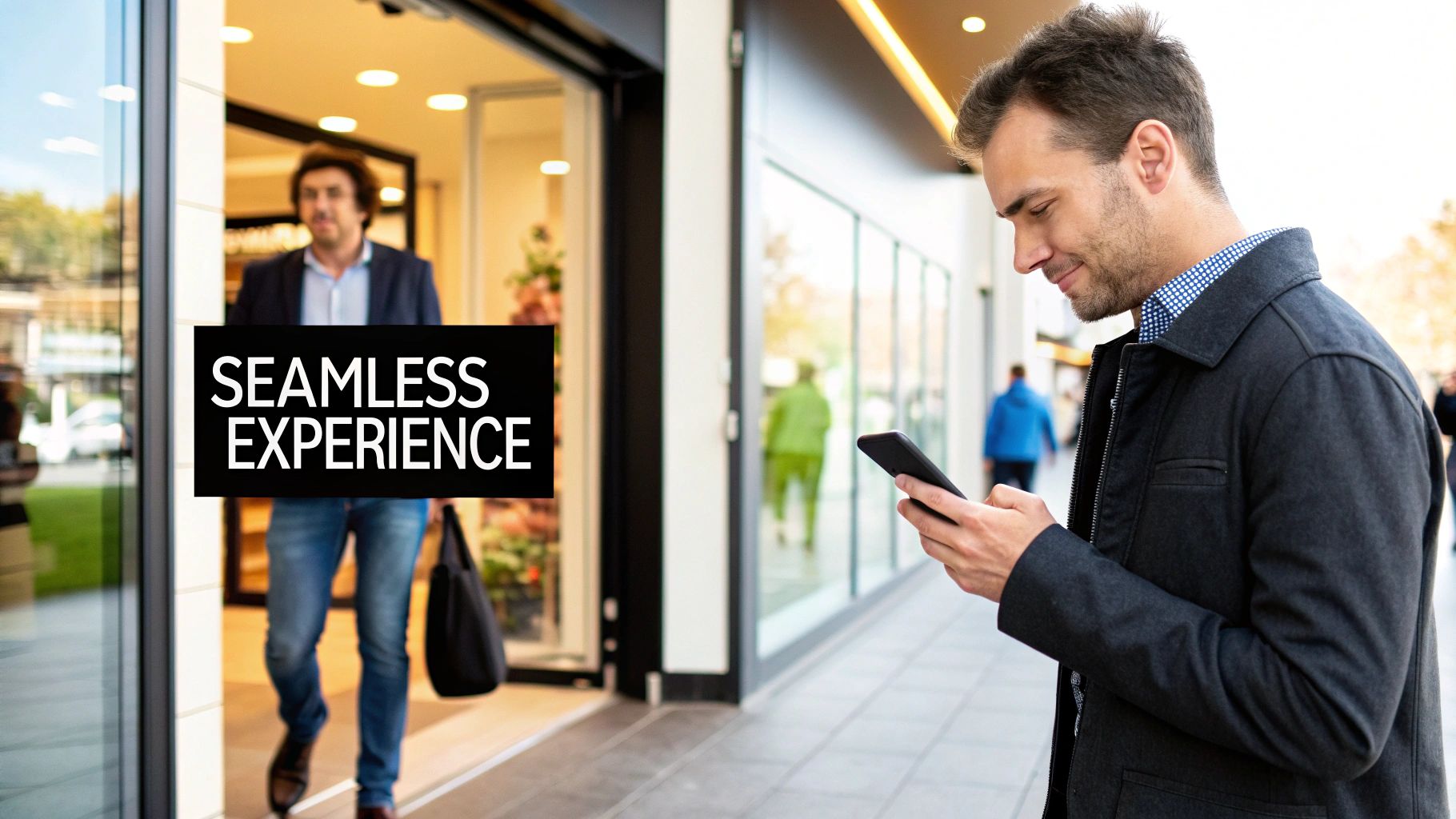 A man smiles while using his phone outside a store, with another man exiting in the background, highlighting a 'seamless experience'.