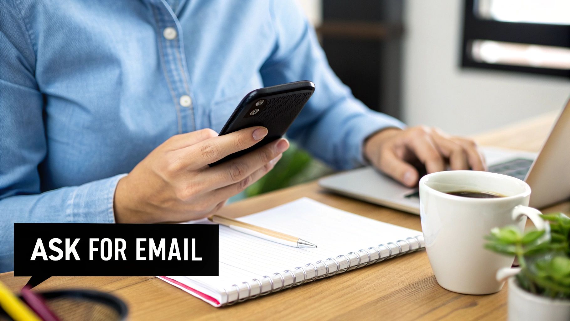 A person uses a smartphone and laptop at a desk with a notebook and coffee, text says 