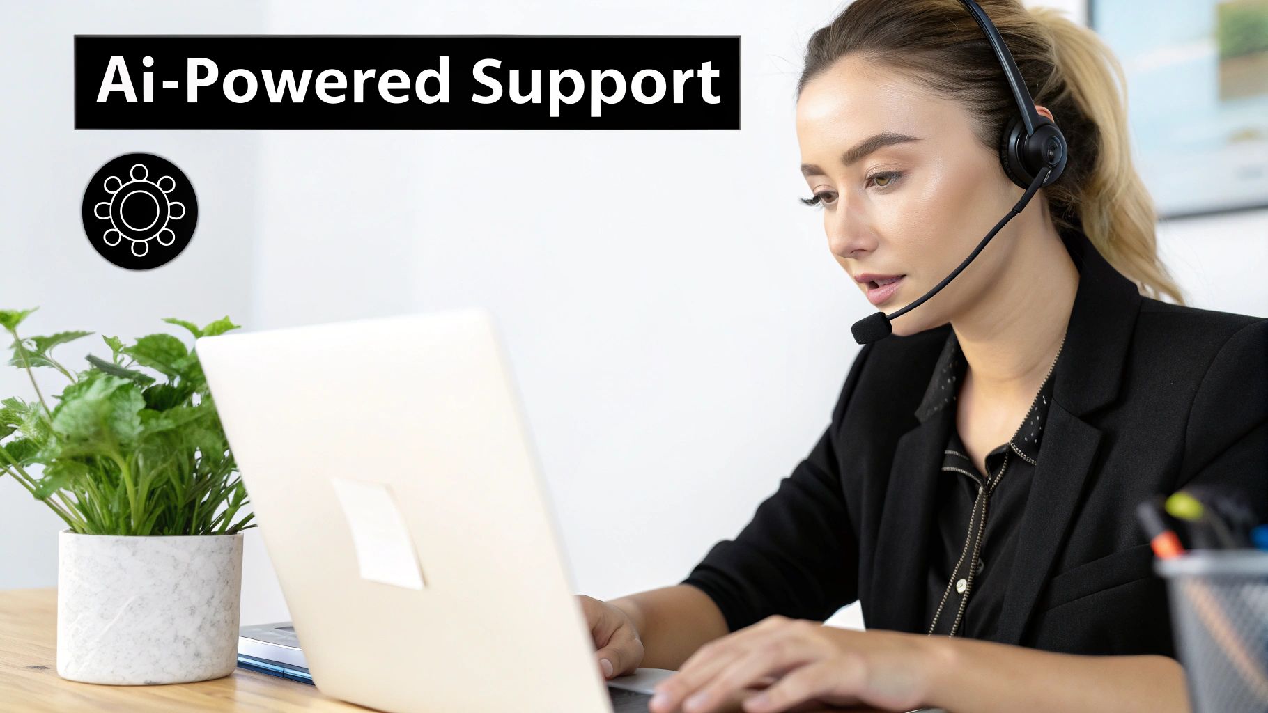A customer service agent wearing a headset works on a laptop, with 'AI-Powered Support' text.