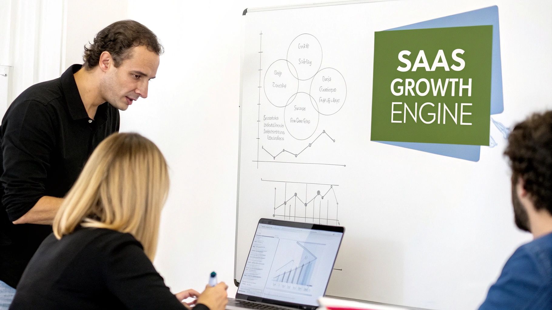 Business professionals discussing SaaS growth strategies and data during an office meeting.