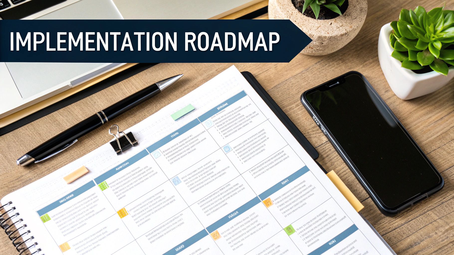 A flat lay of a business desk featuring an 'IMPLEMENTATION ROADMAP' document, laptop, phone, and plants.