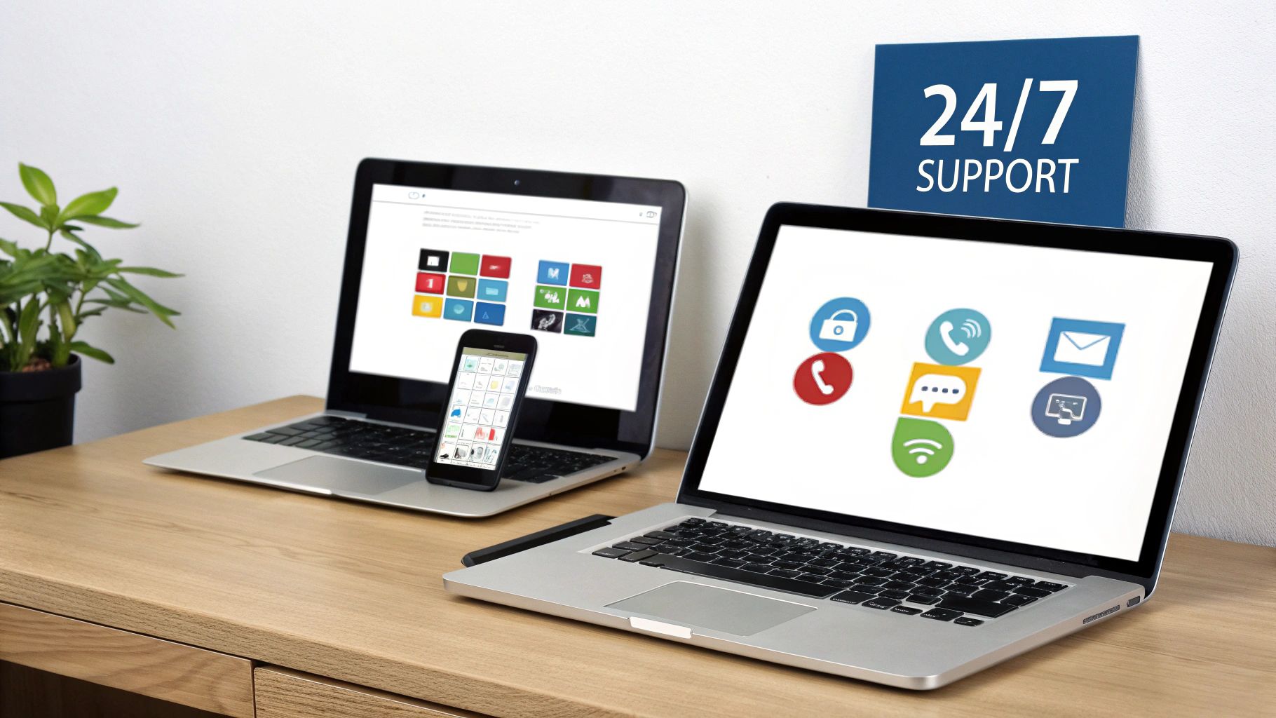 Digital devices showing app icons on a desk, with a '24/7 SUPPORT' sign, symbolizing customer service.