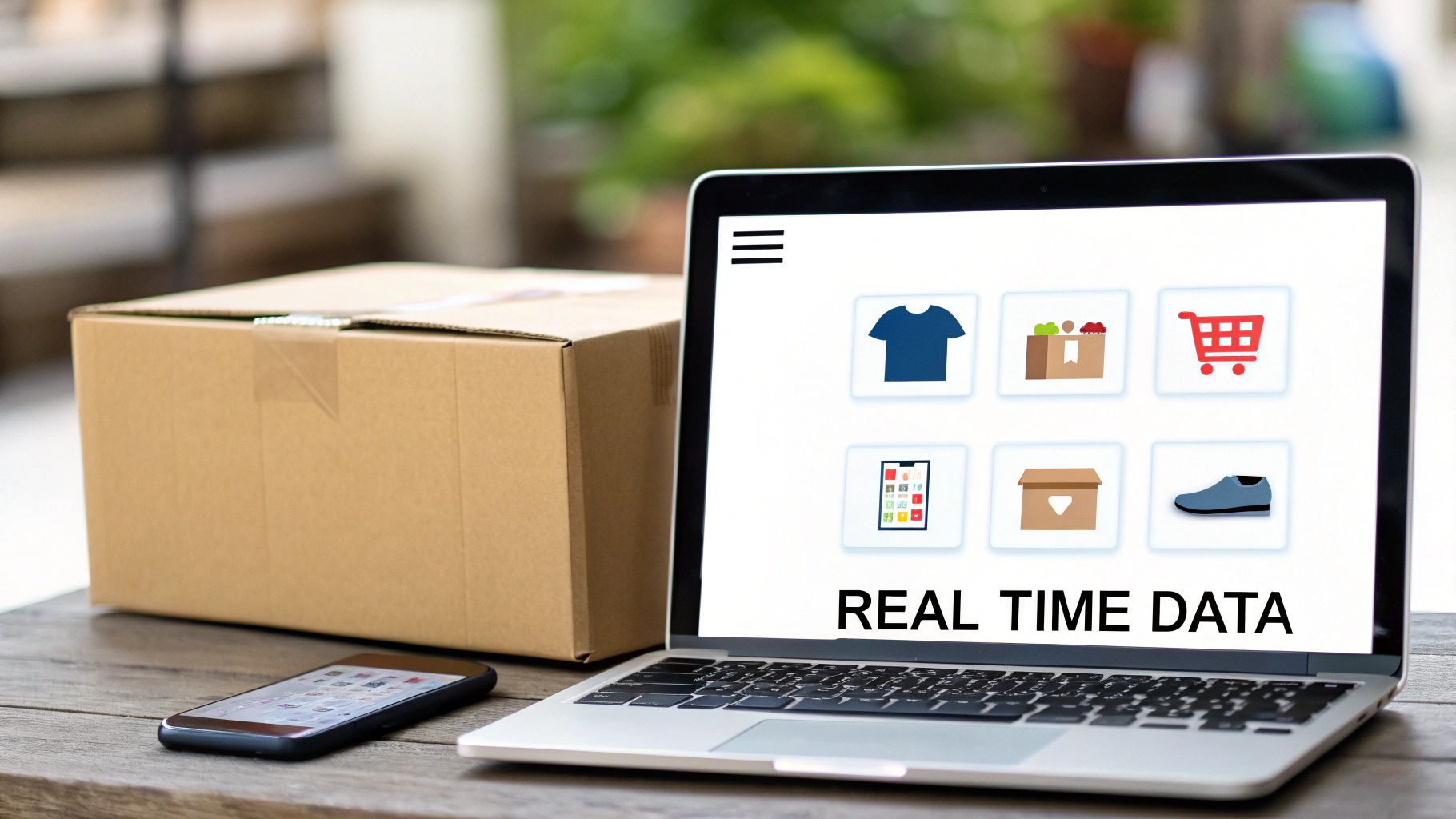A laptop displays 'REAL TIME DATA' with e-commerce icons, alongside a delivery box and smartphone.