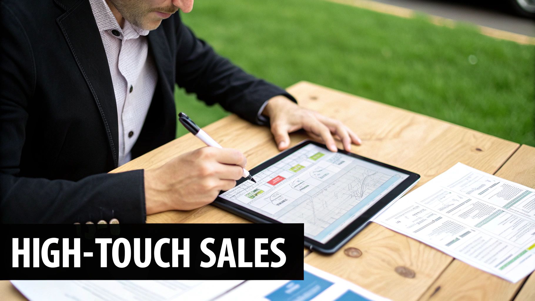 A person in a black blazer writes on a tablet with a stylus at an outdoor wooden table, with documents nearby.