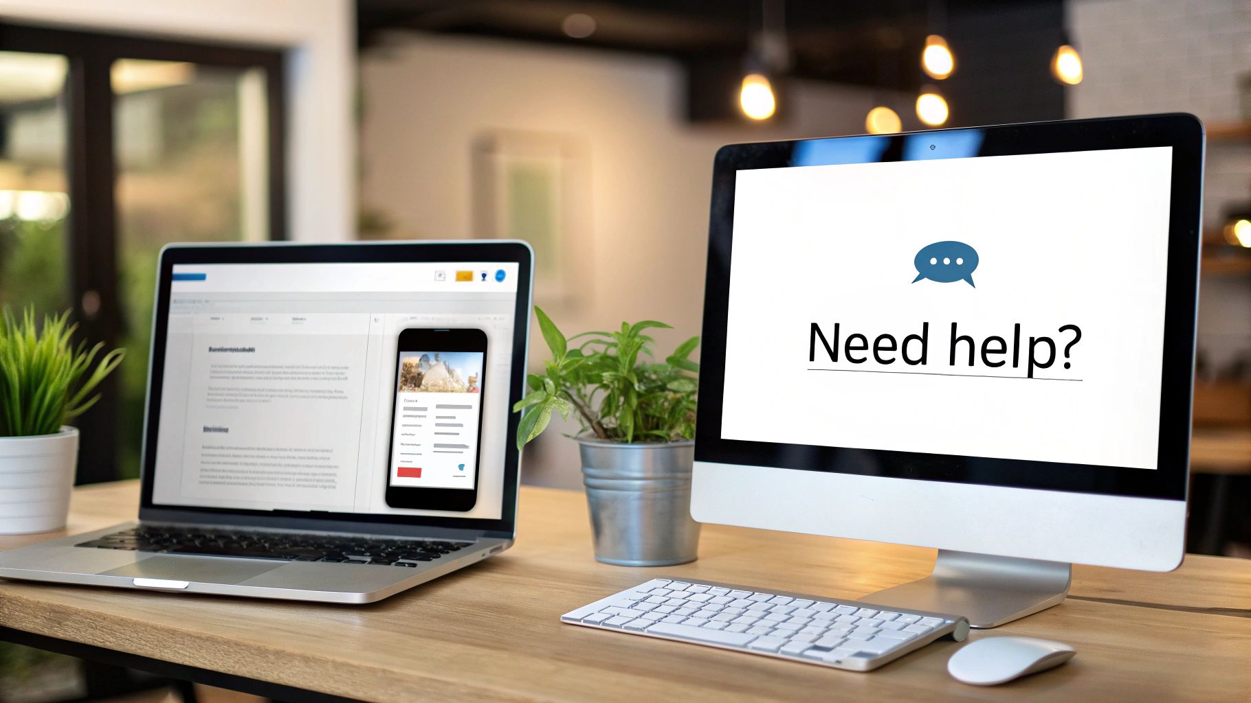 A laptop and a desktop monitor on a wooden desk with a 'Need help?' message on the monitor.