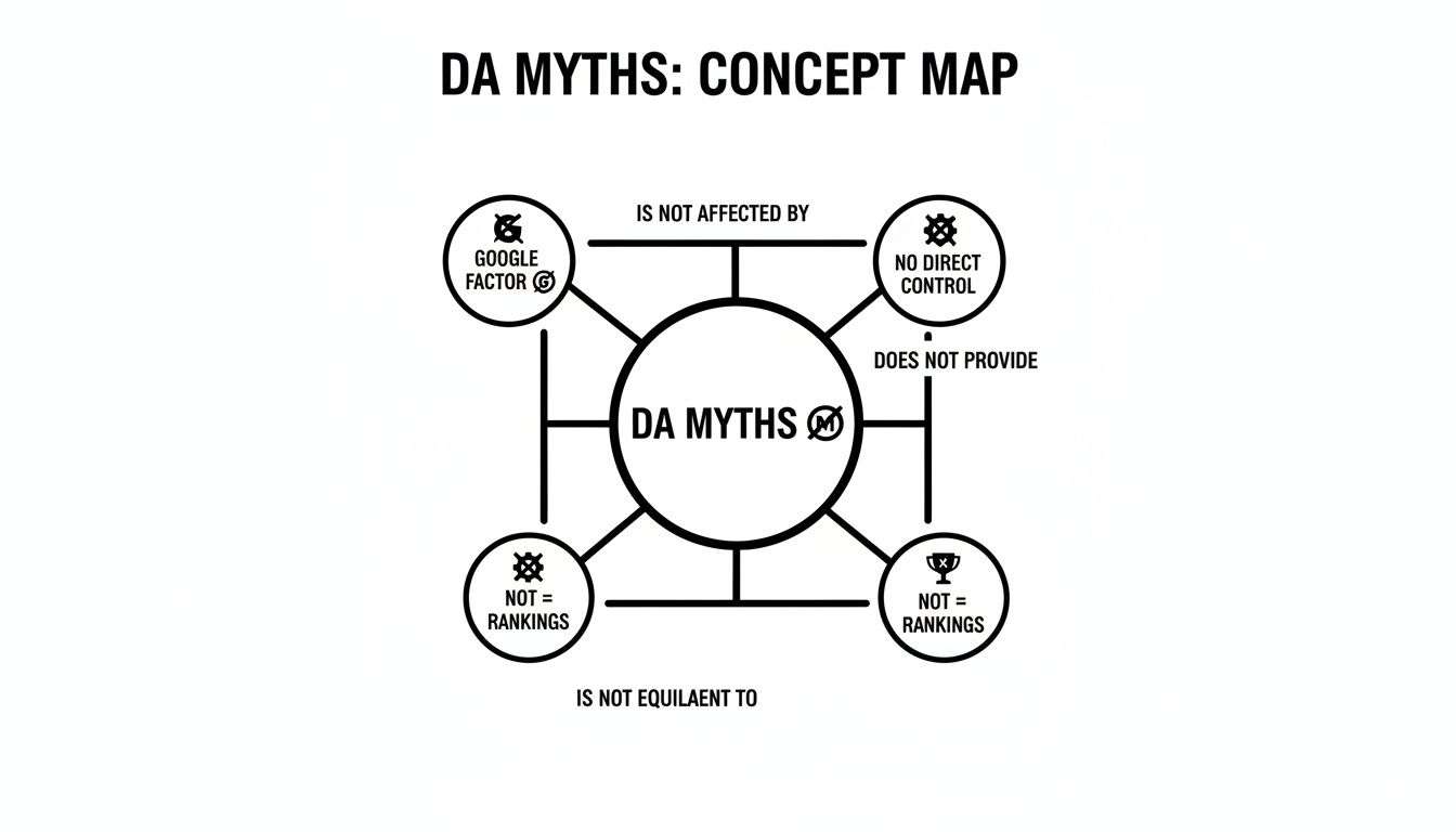 Concept map explaining DA myths, clarifying it's not a Google factor, offers no direct control, and doesn't equate to rankings.