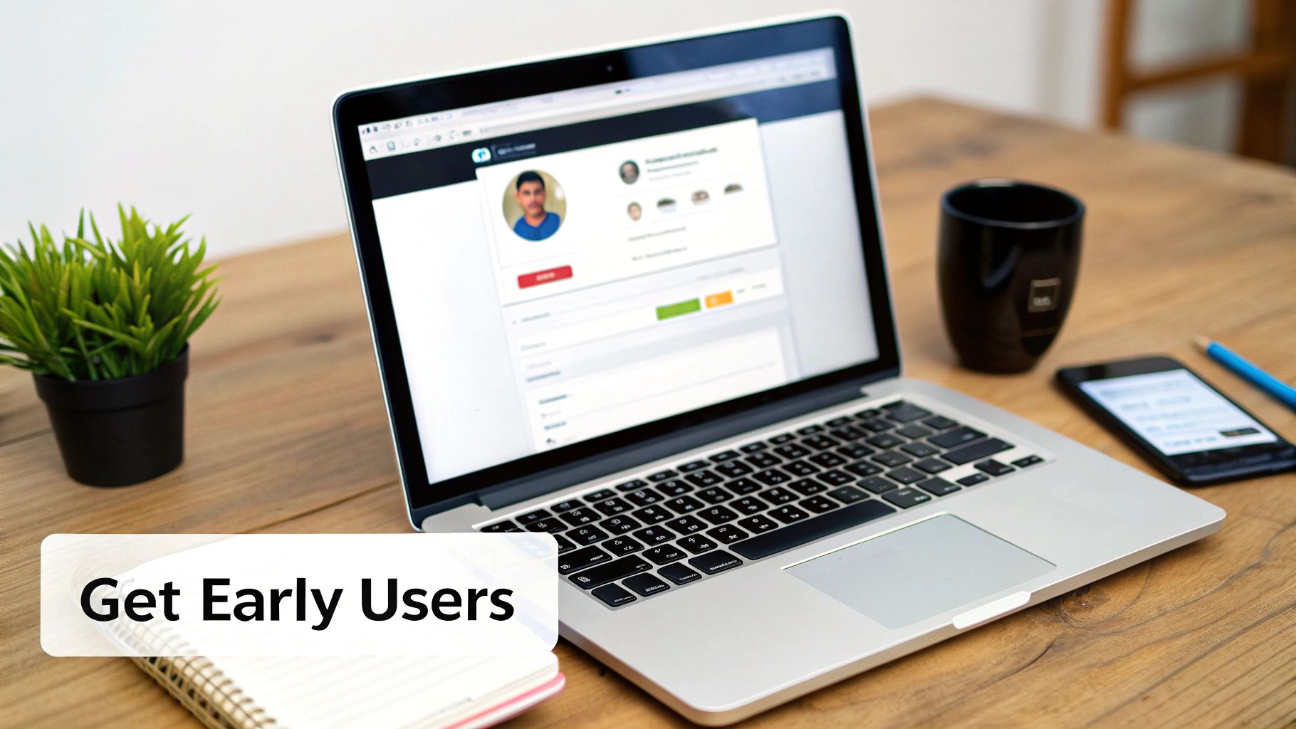 Laptop screen displaying a user profile, on a wooden desk with a plant and office items.