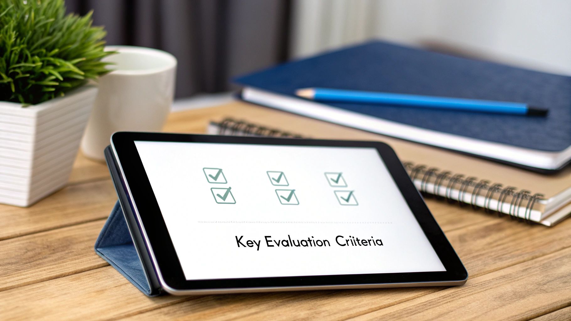 A tablet on a wooden desk displays 'Key Evaluation Criteria' with green checkmarks.