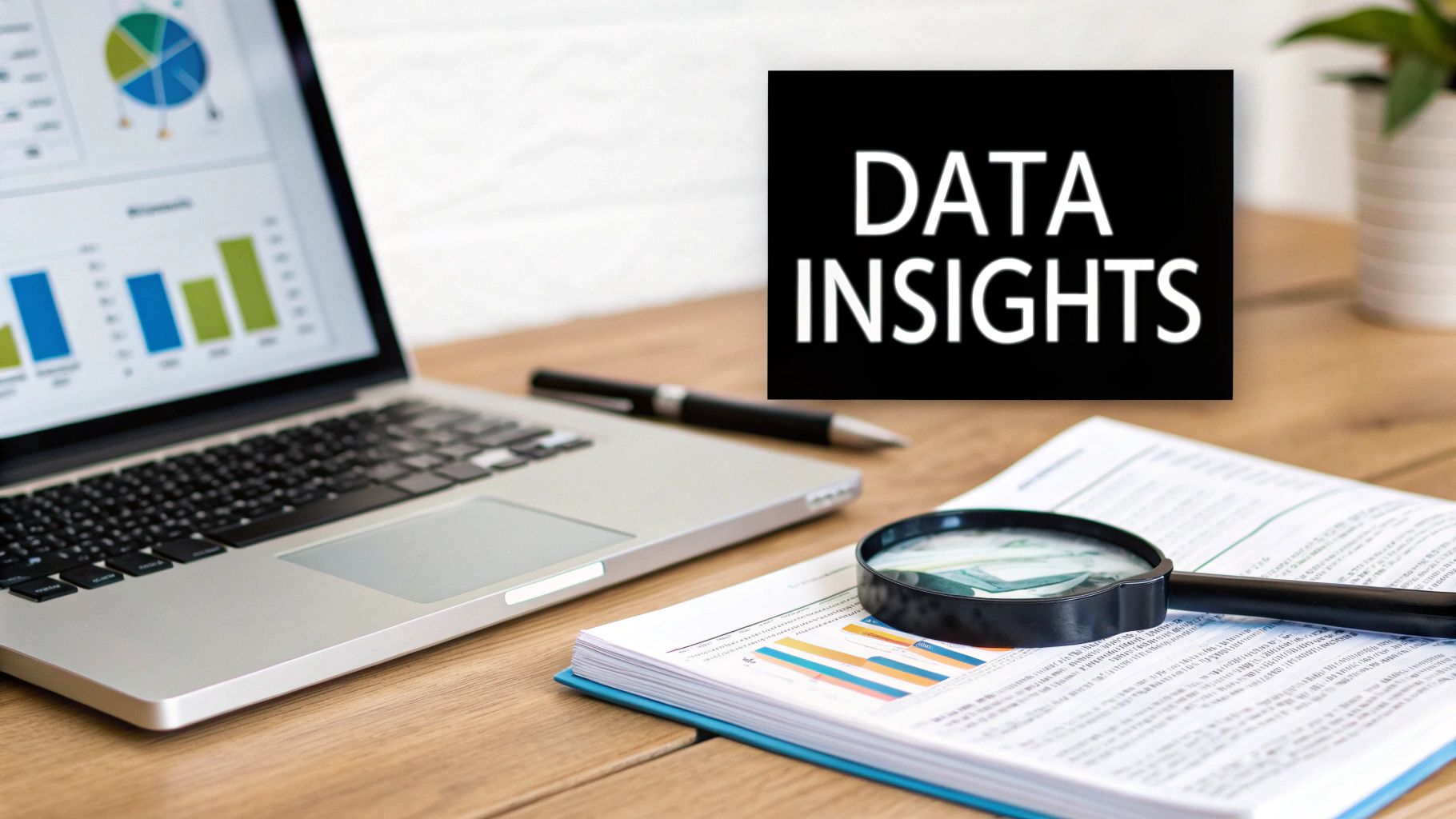 A laptop showing data visualizations, a magnifying glass on a report, and a 'DATA INSIGHTS' sign.