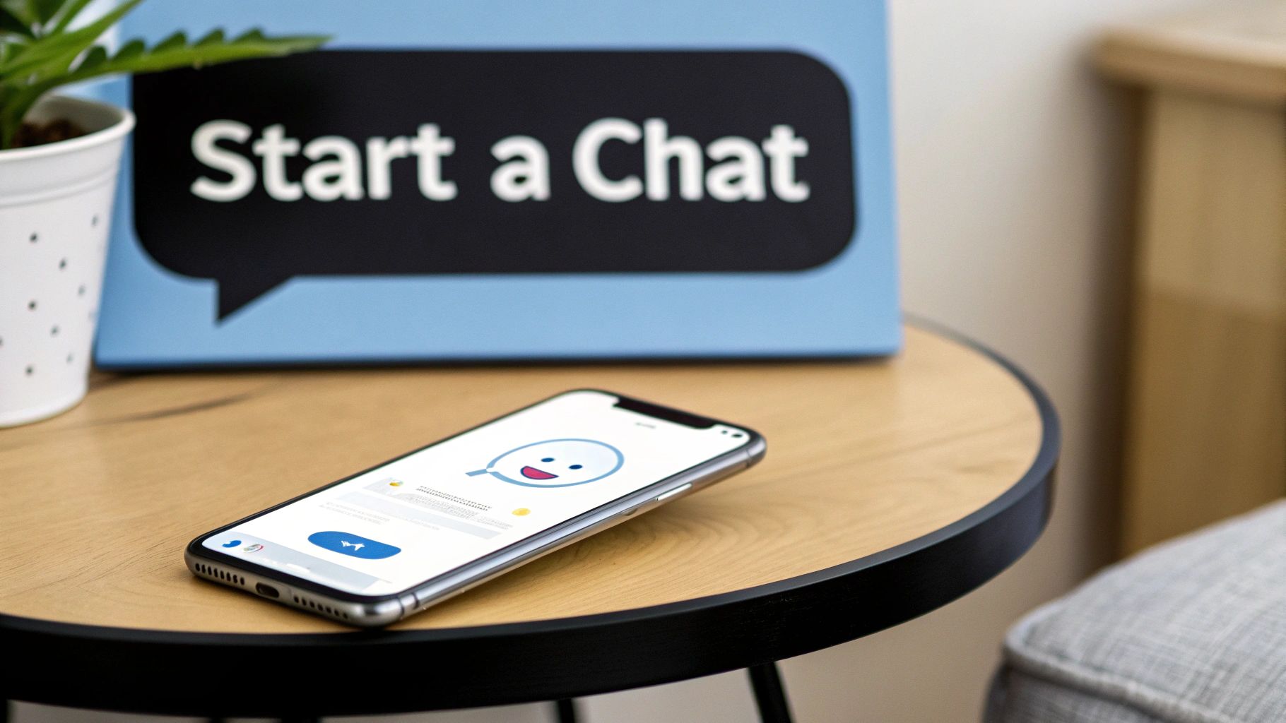 A smartphone on a wooden table with a 'Start a Chat' sign and a plant, ready for communication.