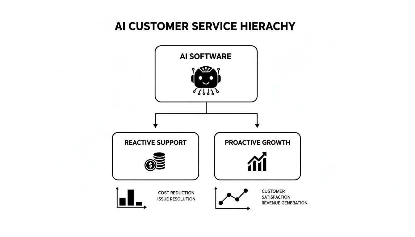 AI customer service hierarchy: AI software enables reactive support and proactive growth, improving cost, resolution, satisfaction, and revenue.