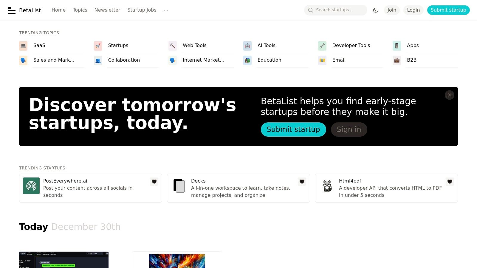 BetaList startup directory showing various early-stage companies