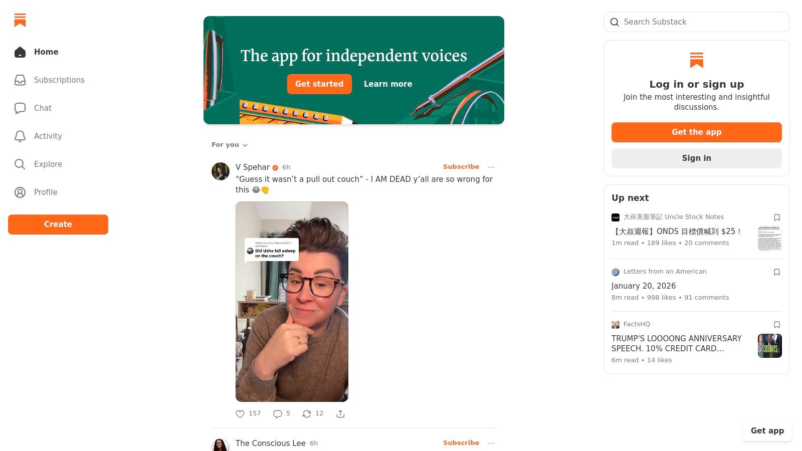 A screenshot of the Substack platform showing a writer's publication page with options to subscribe and view past posts.