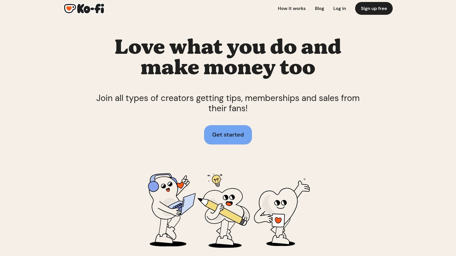 A screenshot of the Ko-fi platform interface showing a creator's page with options for donations, memberships, and commissions.
