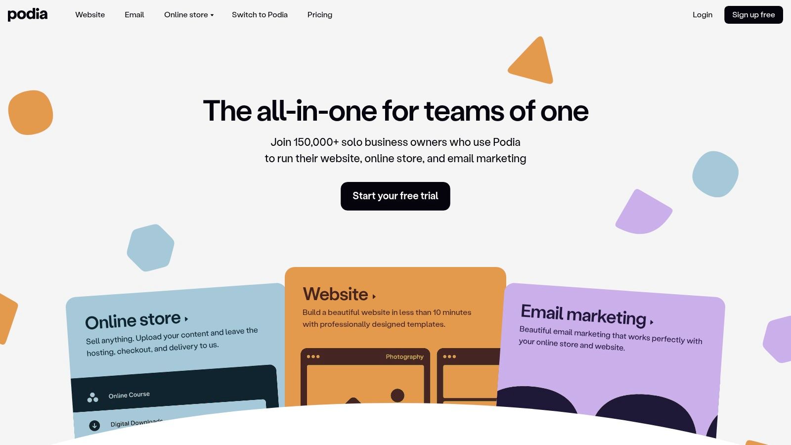 A screenshot of the Podia platform dashboard, showing sections for products, email marketing, and community management.