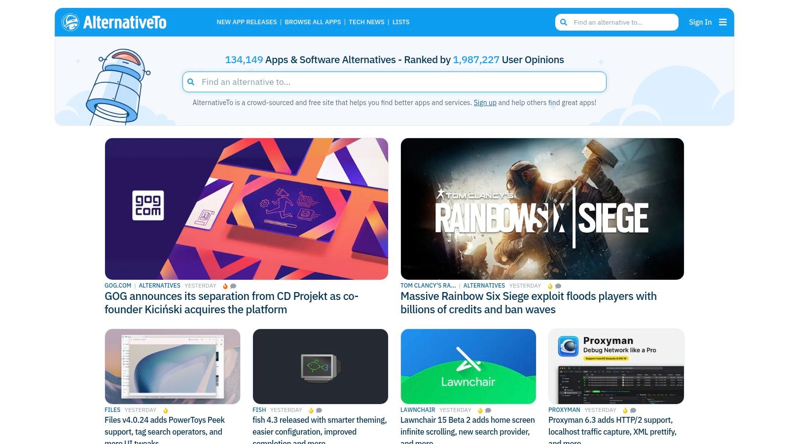 AlternativeTo software discovery page showing alternatives to popular apps