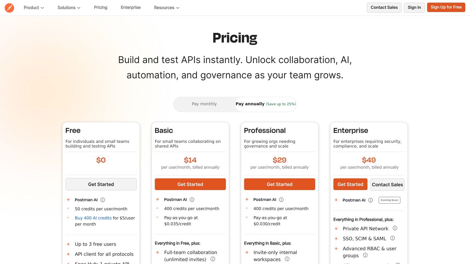 Postman pricing plans