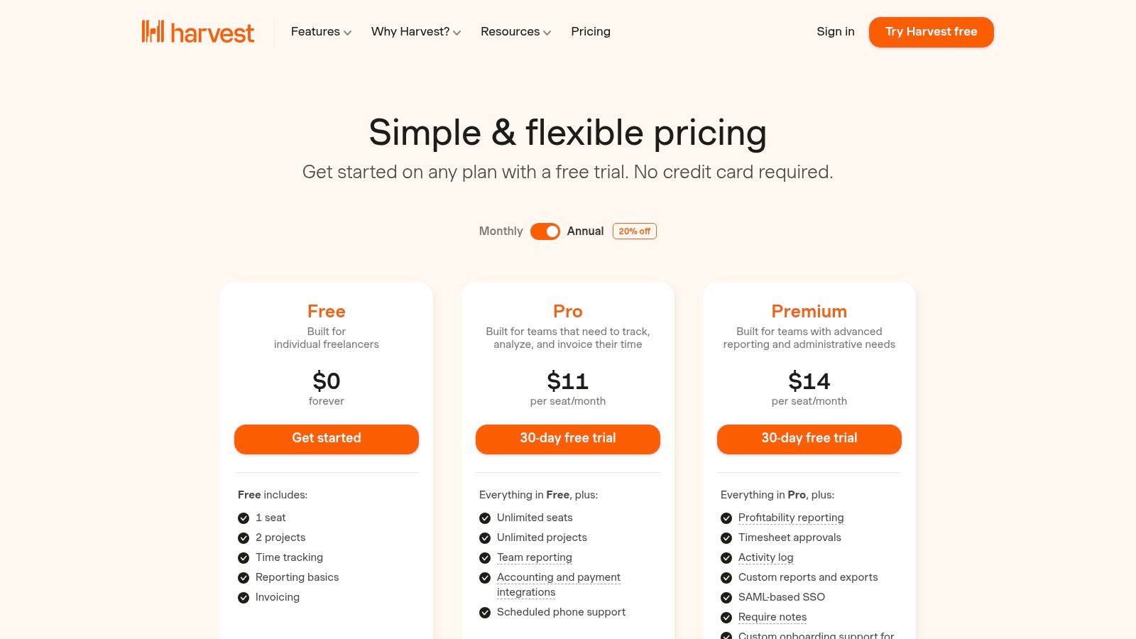 Harvest pricing plans showing the free tier features