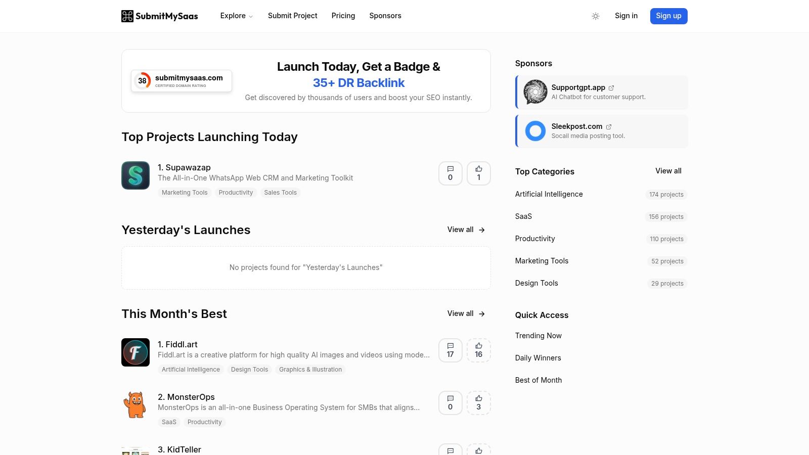 SubmitMySaas product listings page showing various SaaS and AI tools