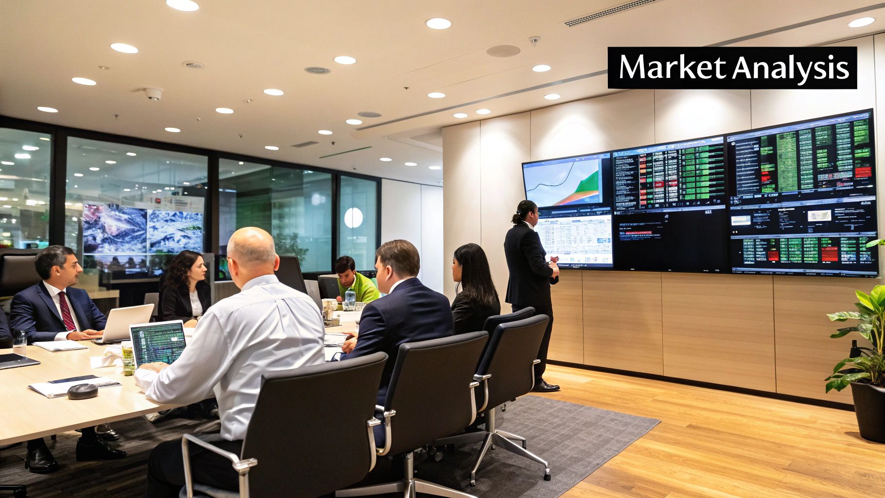Business executives planning an international expansion strategy on a world map