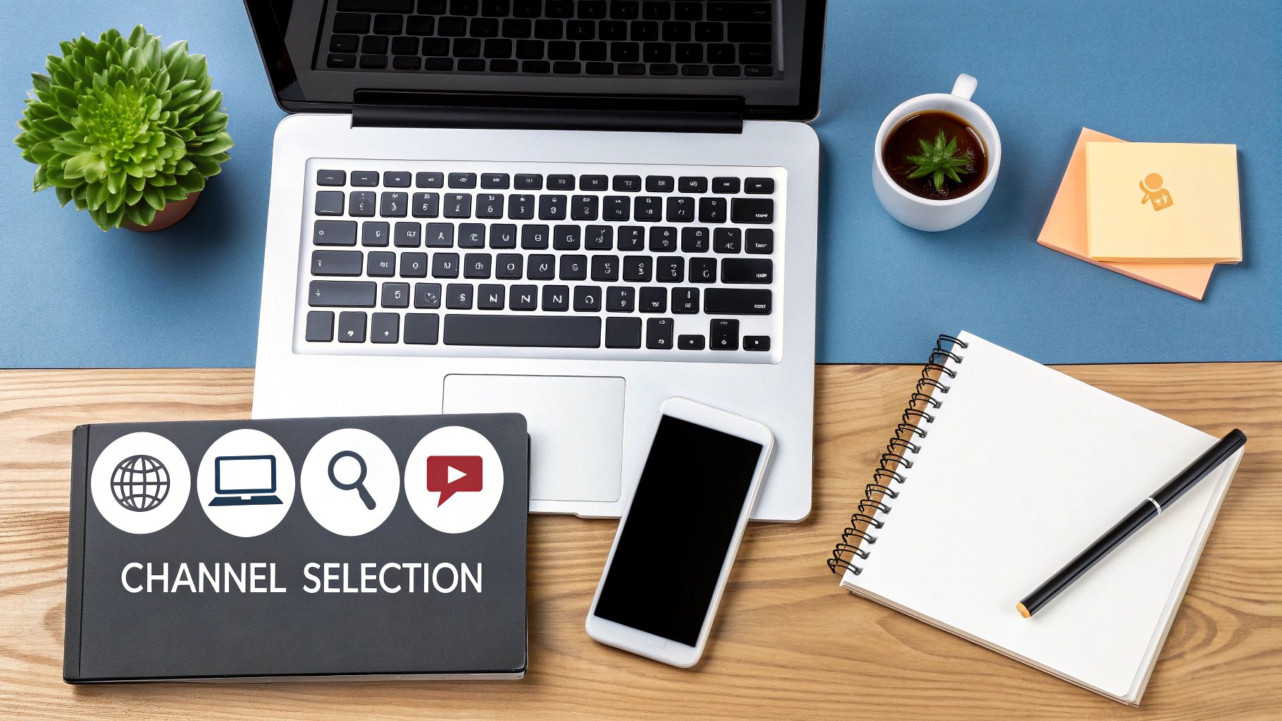 Laptop with "CHANNEL SELECTION" notebook, smartphone, notepad, pen, coffee cup, and succulent plant, illustrating startup marketing strategies and customer outreach.