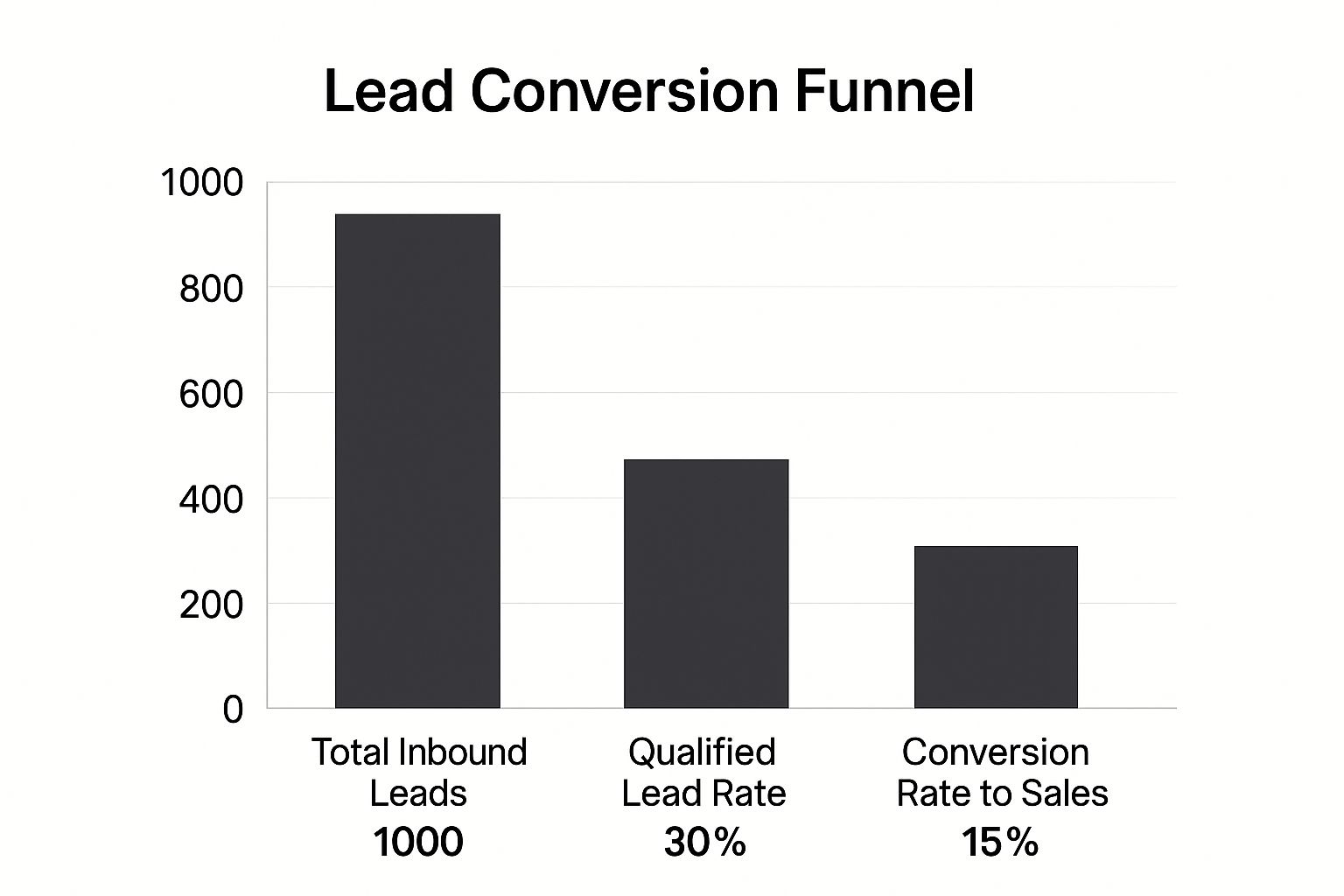 Bar chart showing that from 1000 inbound leads, 30% are qualified, and 15% of those convert to sales.