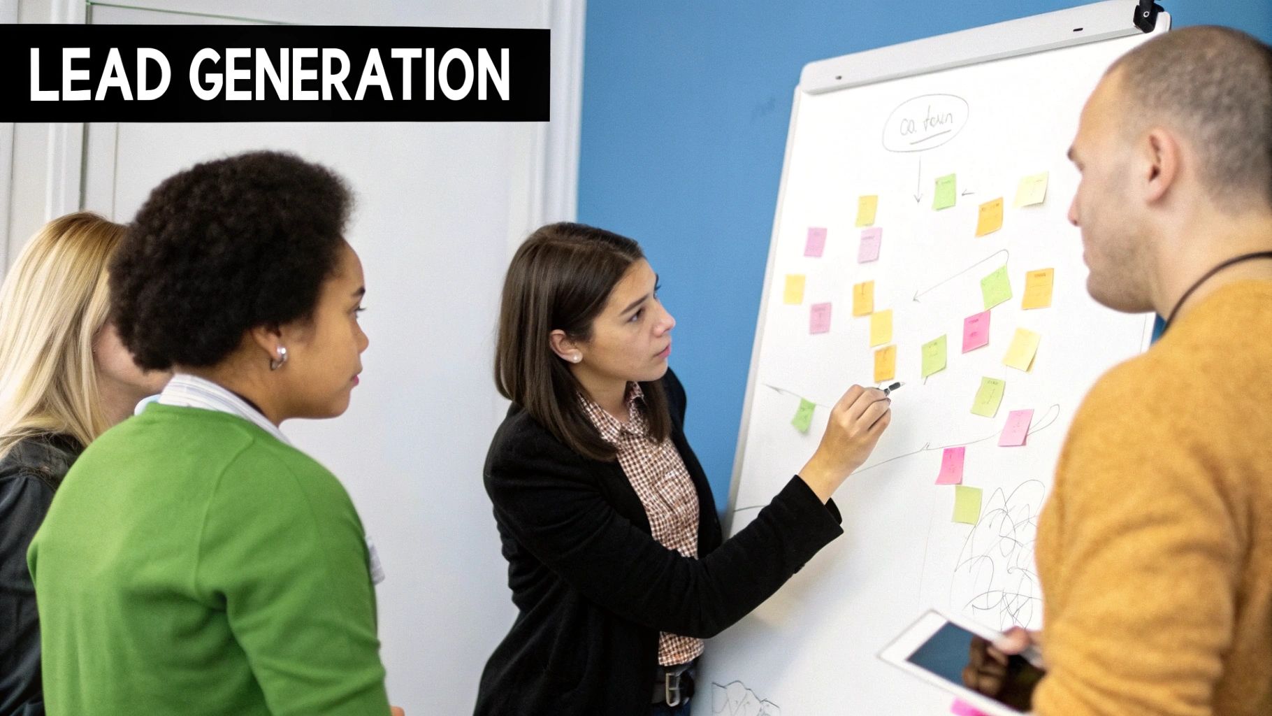 A team of professionals collaborating around a table, illustrating a complex buying committee.