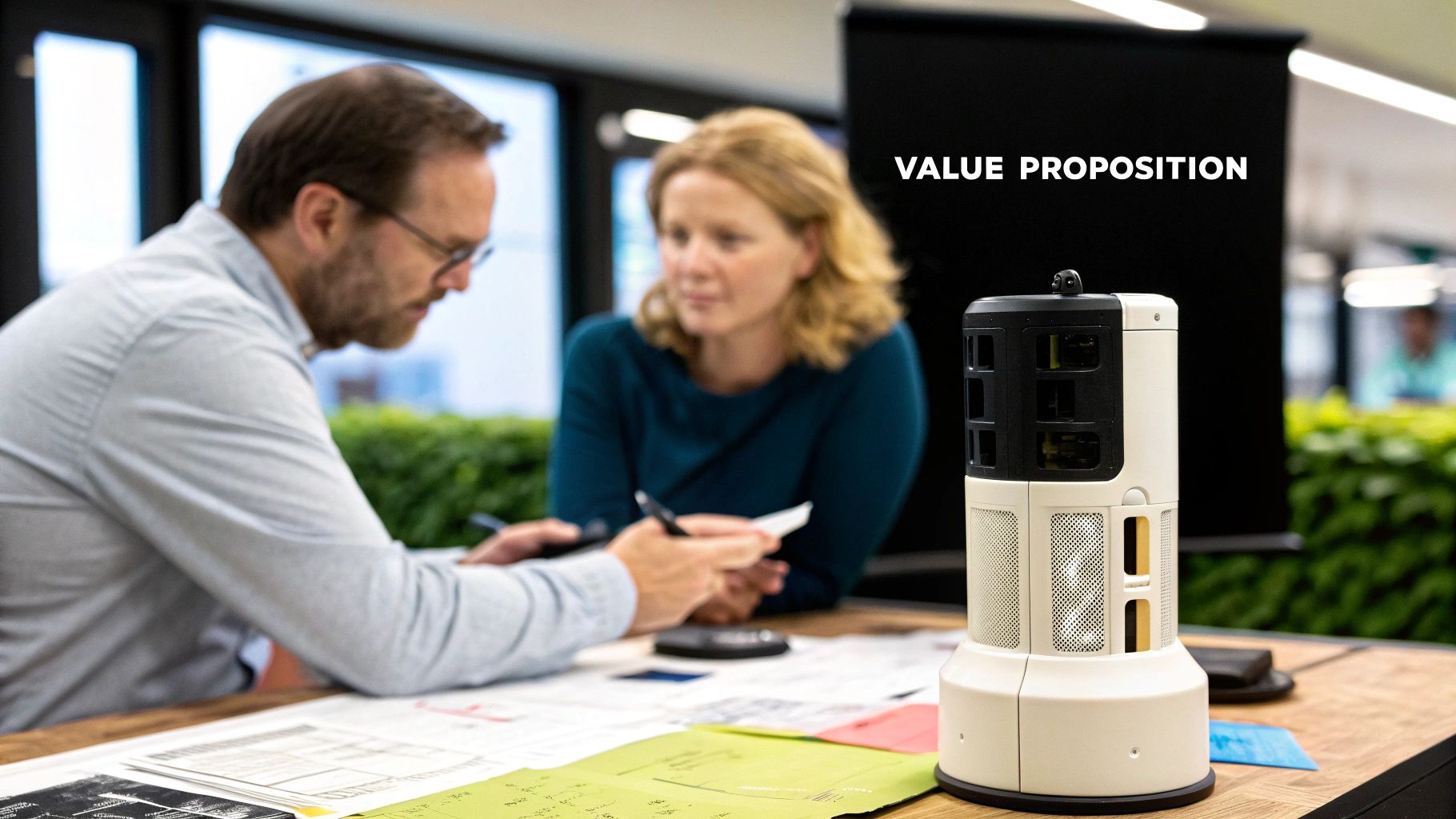 Man and woman discussing business strategy at a table with documents, highlighting the concept of "Value Proposition" in a startup context.