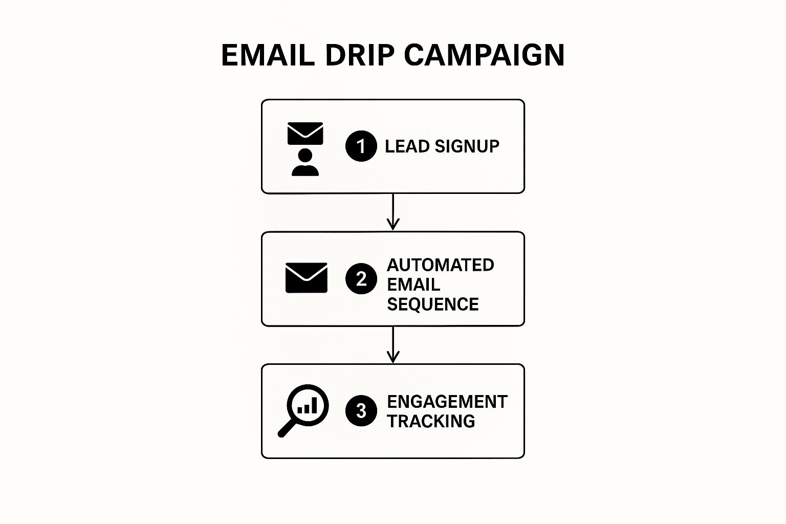Infographic showing the three-step process of an email drip campaign: Lead Signup, Automated Email Sequence, and Engagement Tracking.