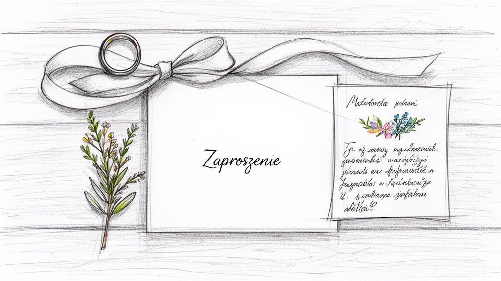 10 pomysłów na 2026 rok: najlepsza sesja narzeczeńska inspiracje i porady 5 Szkic zaproszenia ślubnego z obrączką, wstążką i delikatnymi kwiatami na tle desek.