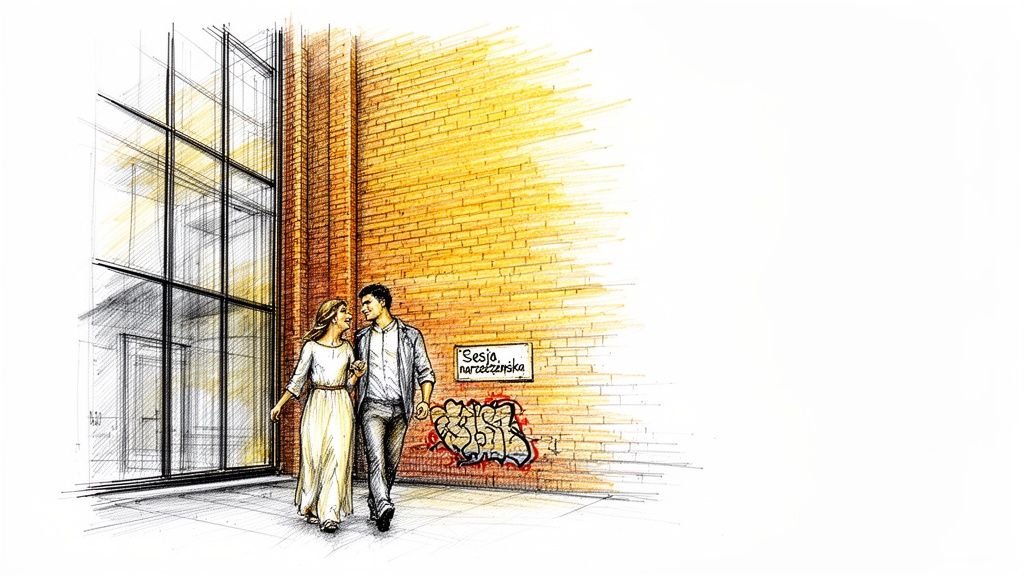 10 pomysłów na 2026 rok: najlepsza sesja narzeczeńska inspiracje i porady 2 Uśmiechnięta para idzie ulicą obok ściany z cegieł i dużych okien, pod znakiem "Sesja narzeczeńska".