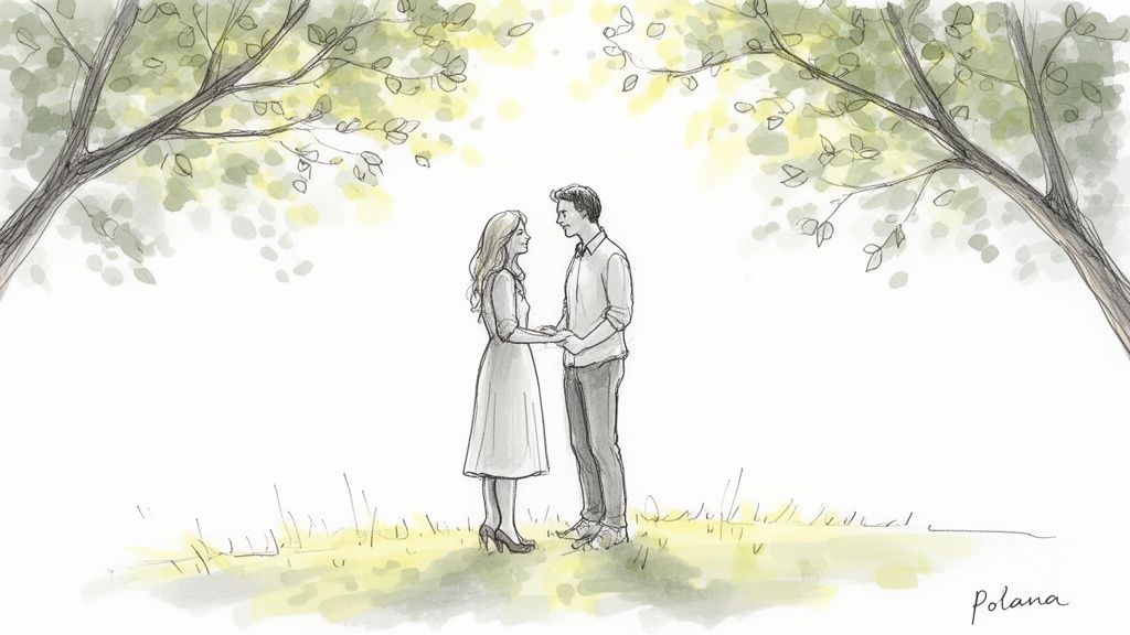 10 pomysłów na 2026 rok: najlepsza sesja narzeczeńska inspiracje i porady 3 Rysunek pary trzymającej się za ręce, stojącej na trawie pod drzewami z zielonymi liśćmi, symbolizujący miłość.