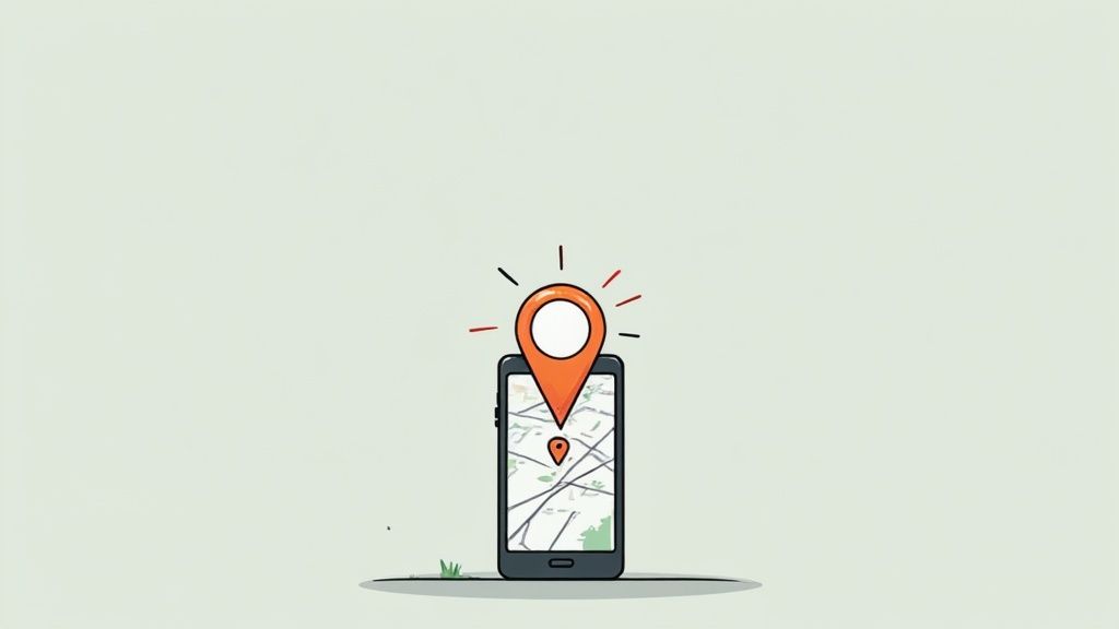People looking at their phones with map pins around them, symbolizing location tracking