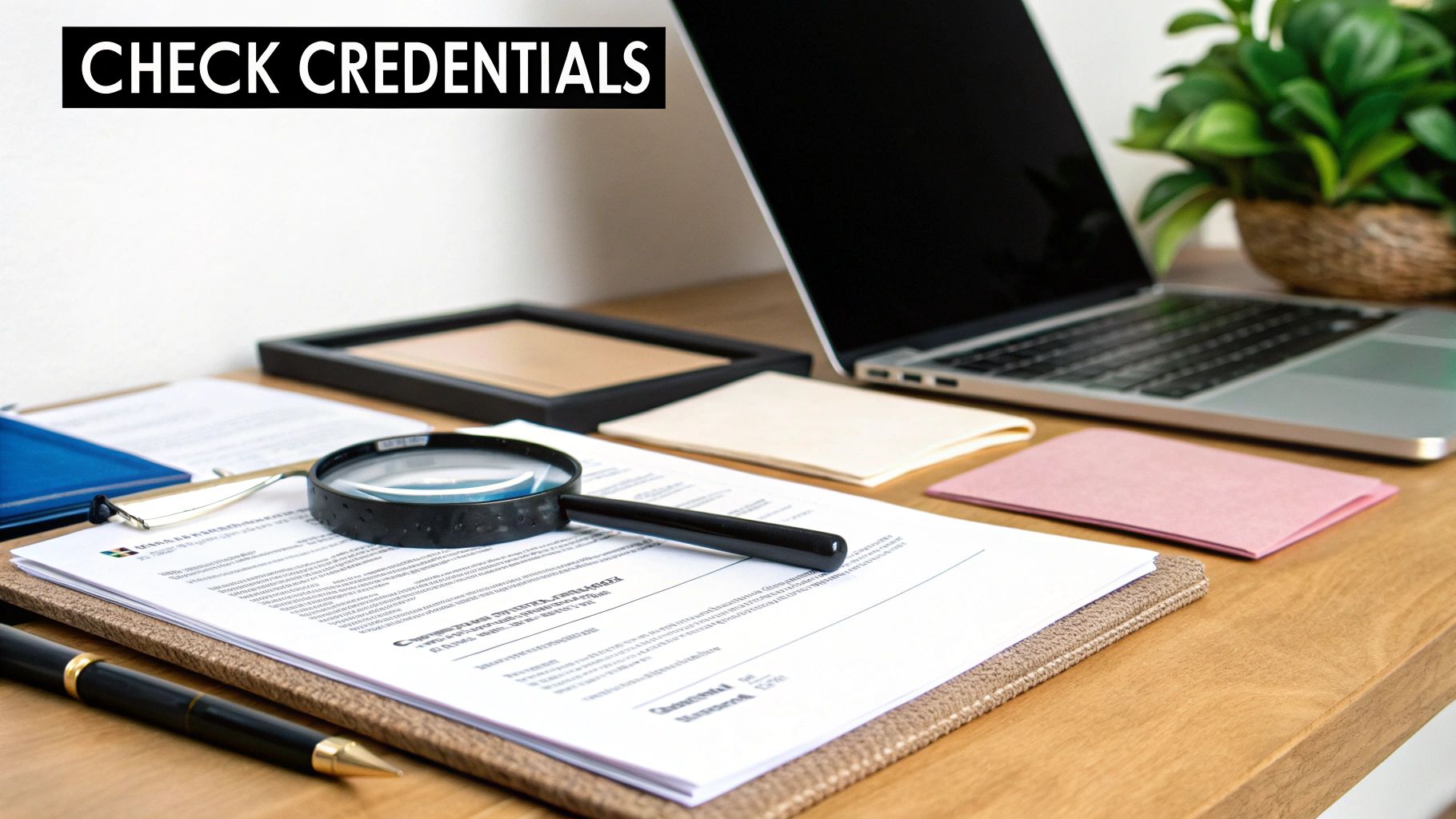 A private detective's office with a computer and case files, symbolising the vetting process.