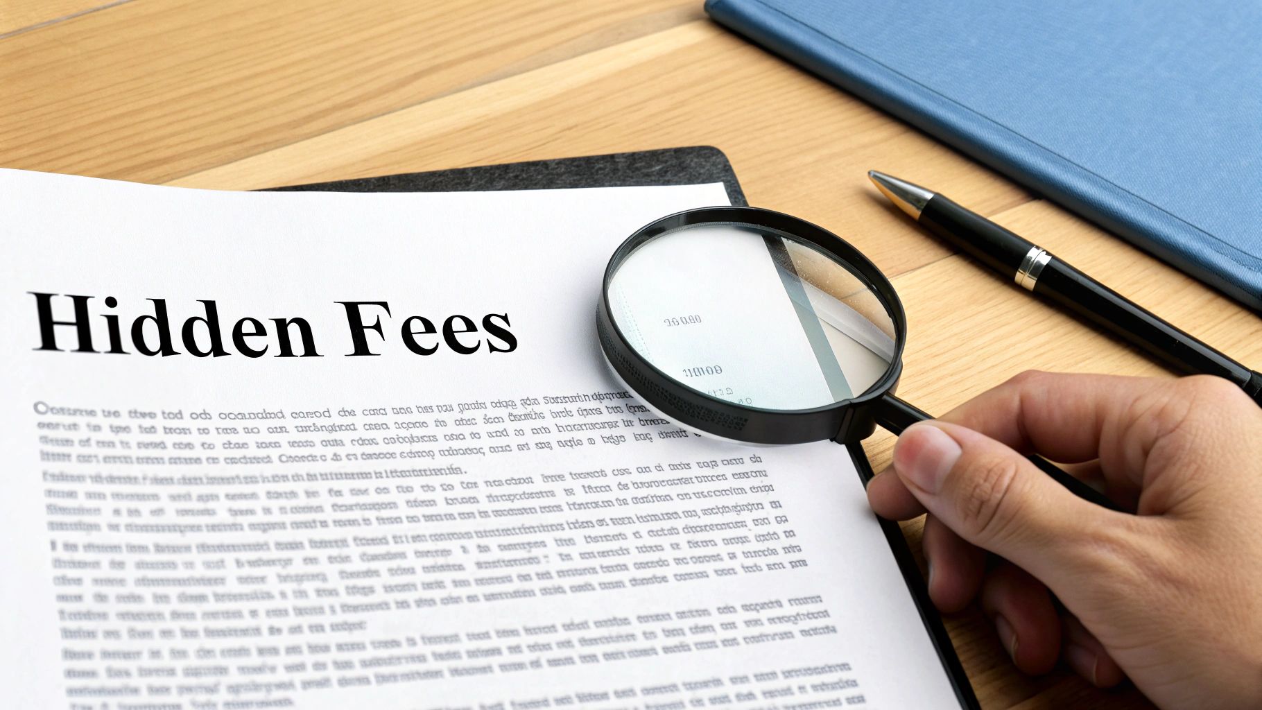 A person closely examining an invoice with a magnifying glass to spot hidden fees.