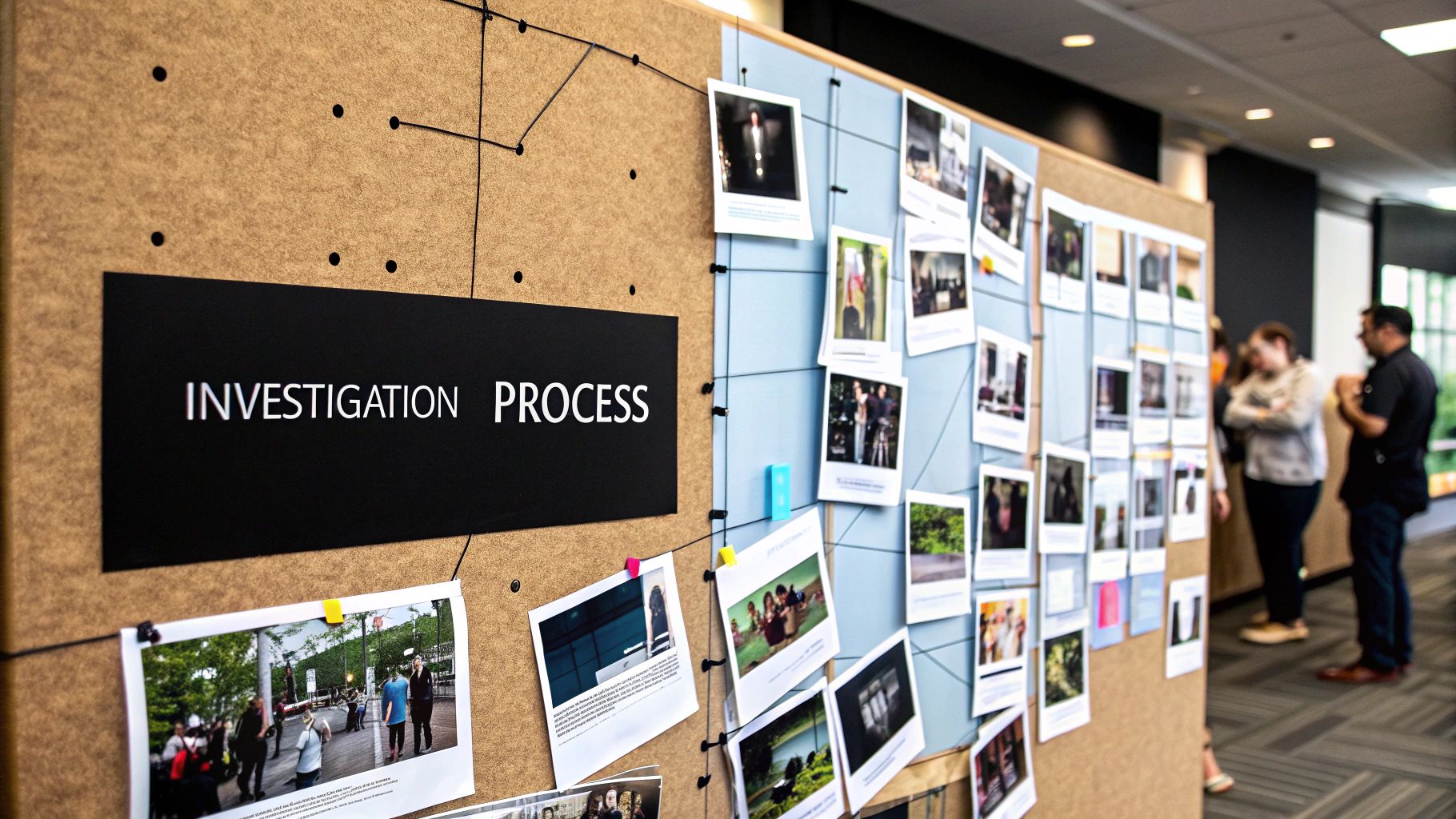 A detective reviewing files and documents at a desk, with a magnifying glass nearby, representing the detailed nature of an investigation.