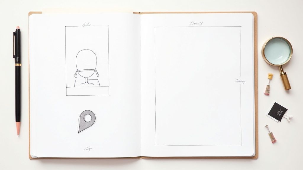 A person organising documents and photos on a desk, symbolising the collection of information for a search.